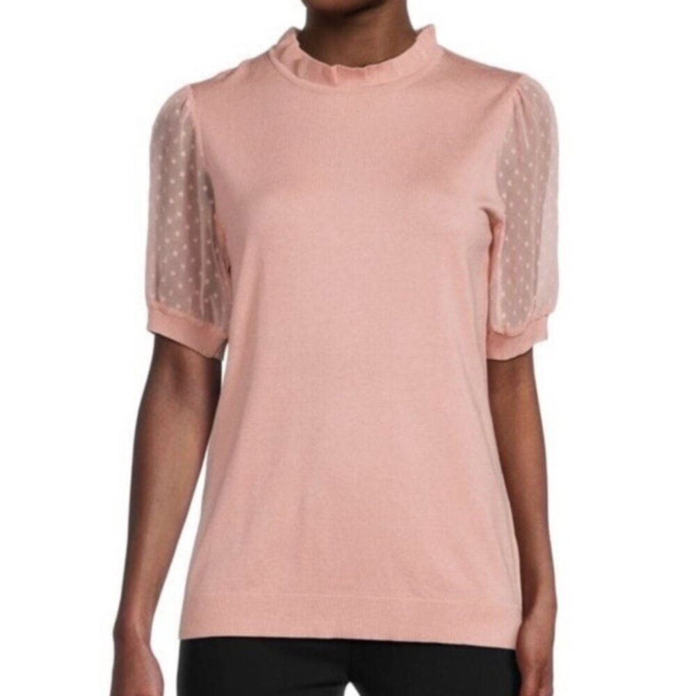 ADRIANNA PAPELL Clip Dot Puff Sleeve Knit Top Blush Pink Short Sleeve Balletcore